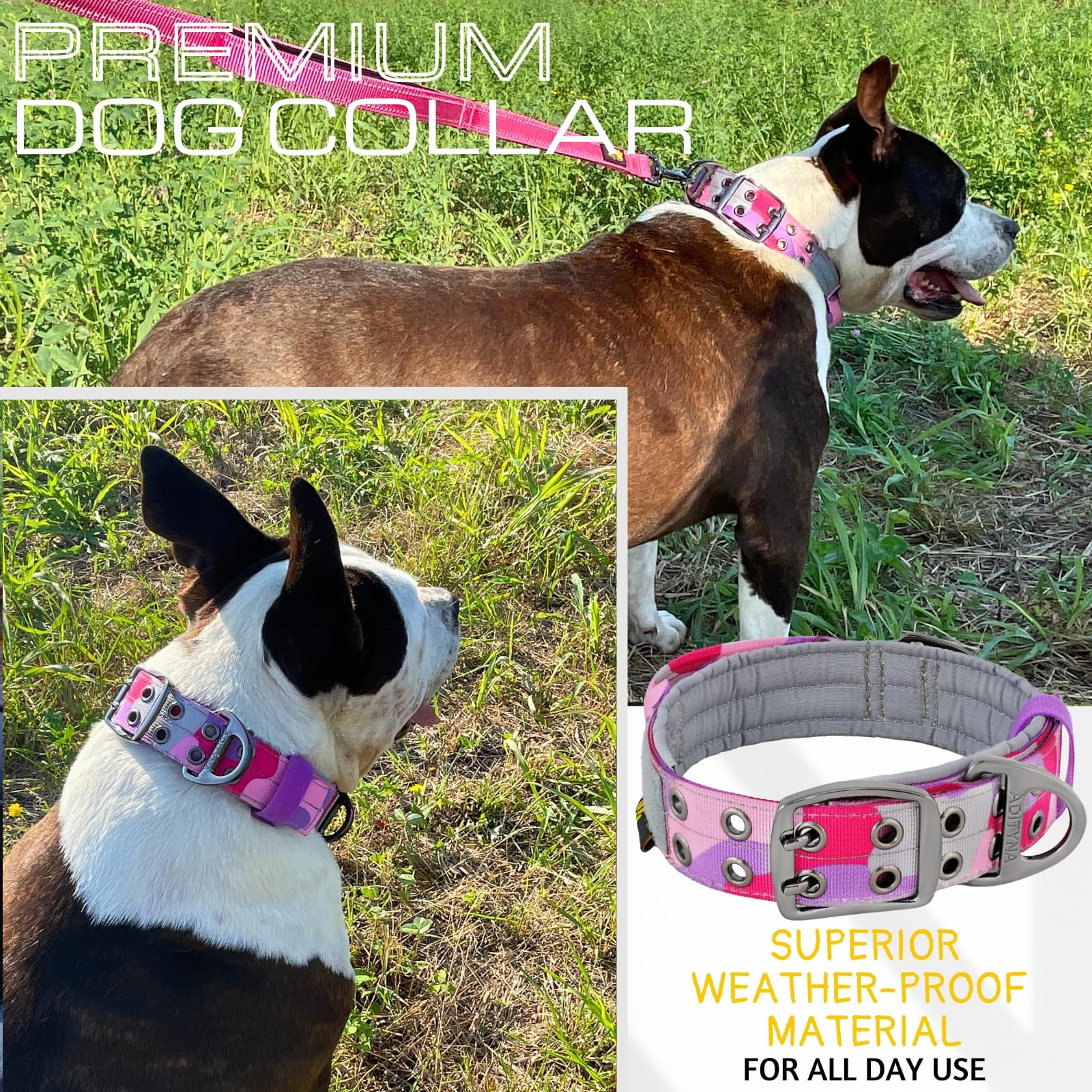 Adityna Heavy Duty Dog Collar For Medium Dogs - Camo Pink Purple Collar With Handle For Training, And Walking - Wide, Thick, Tac